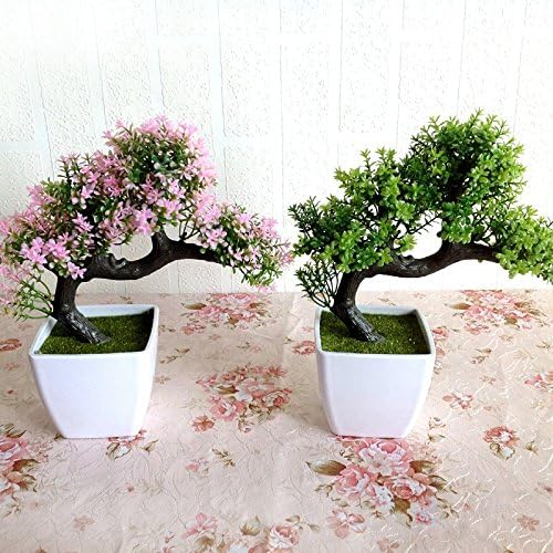 Hoobor House Simulation plant view tree Welcome Pine Bonsai New Milan potted home office garden decoration flowers(Green yellow (with flower))