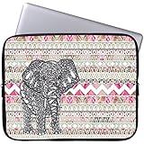 Elonbo 15-Inch Pink Tribal Stripe Gray Elephant Waterproof Neoprene Laptop Soft Sleeve Case Bag Pouch Cover for 15.4" Macbook Pro