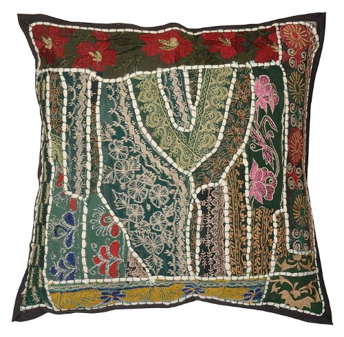 Imagen 2 de Cubierta hecha a mano indio Cojín de algodón Set con Tamaño trabajos de bordado y parche de 16 x 16 pulgadas Juego de 2 piezas