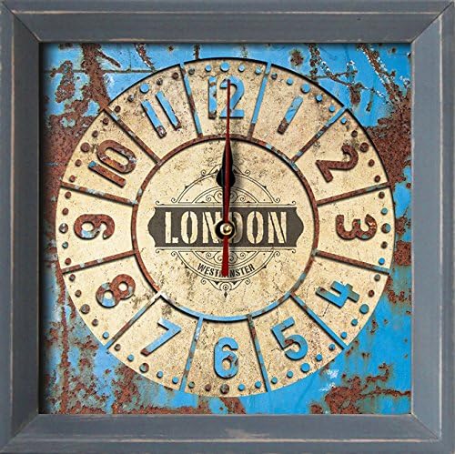 VINTAGE OLD LONDON 8x8" Blue Design Metal Style Natural Wooden Decorative Wall Clock and Table clock