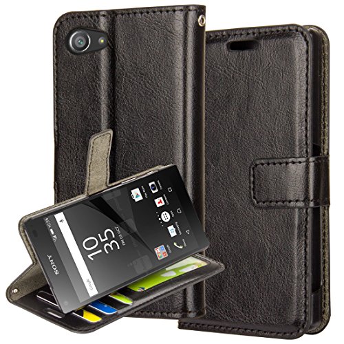 Xperia Z5 compact Case, Sony Xperia Z5 compact Wallet Case, Aomax Wallet Card Slot View Stand Premium Protective Leather Cover Case for Sony Xperia Z5 mini (R64 Black)