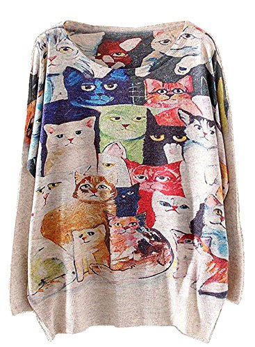KaiTingu Vintage Women's Long Batwing Sleeve Pullover Sweater Cat Family Print