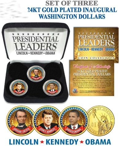 OBAMA, KENNEDY JFK, & LINCOLN 24K GOLD PLATED PRESIDENTIAL DOLLAR COIN SET IN GIFT BOX
