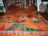 ZARDOZI EMBROIDERED BEADS SARI TAPESTRY BEDSPREAD COVERLET THROW WALL HANGING