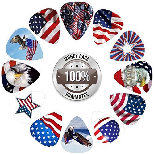 American Flag Guitar Picks Collection (12-pack)...Awesome Patriotic picks show your support for this great country, America!...Custom Printed Modern Designs feature the American Flag and Bald Eagle...GREAT GIFT for pickers of ALL ages.