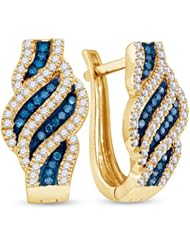 10K Yellow Gold Round Brilliant Cut Blue and White Diamond - Prong Set Round Circle Hoop Earrings - (1/3 cttw.)