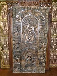 Fluting Krishna Under Tree of Life Indian Art Wood Carved Door Wall Panel 72 Inch