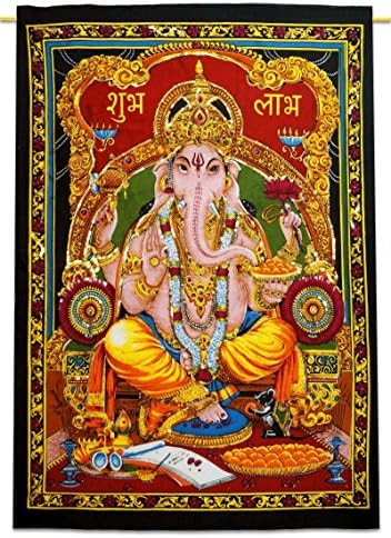 Indian Wall Hanging Lord Ganesha Cotton Tapestry Poster Size Multicolor Tapestries 43" X 30"
