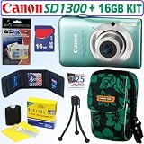Canon PowerShot SD1300IS 12 MP Digital Camera (Green) + 16GB Accessory Kit