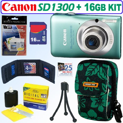 Canon PowerShot SD1300IS 12 MP Digital Camera (Green) + 16GB Accessory Kit
