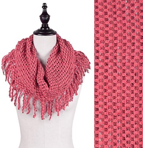 Womens Pink Dot Lace Knitted Infinity Scarf with Fringe. Approx. 22 + 3" W X 31" L. 100% Acrylic.