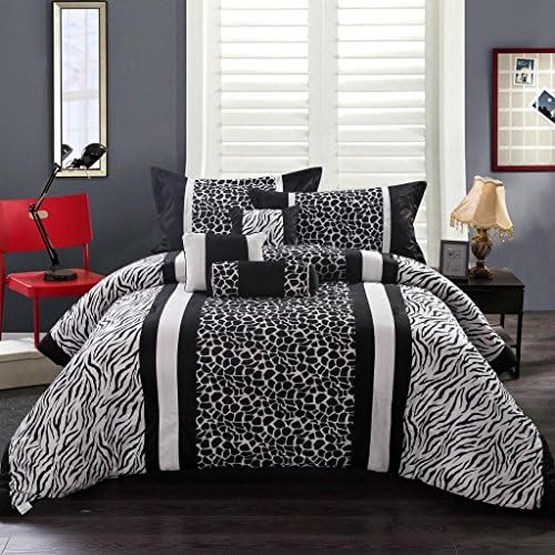 Homehug® 7pc Polyester Short Brushed Comforter Set Zebra Stripe Dot Pattern Color Coffee White (White, Queen Size)