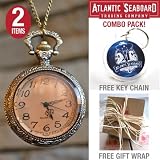 Victorian Inspired Amber Glass Pocket Watch Necklace Jewelry with The Official Atlantic Seaboard Trading Co. Key Chain-- COMBO PACK