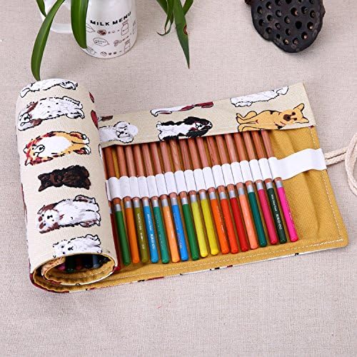48 Holes Canvas Wrap Roll up Pencil Case Pouch Makeup, Pecncil Holders, Comestic Brush Pen Storage Organizer (Dog)
