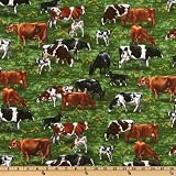44'' Wide Farm & Country Grazing Cows Green Fabric By The Yard