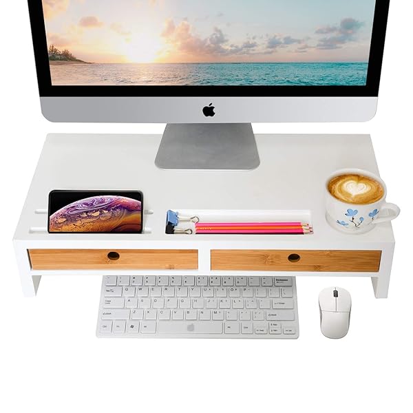 Computer Monitor Stand With Drawers White Wood Laptop Screen