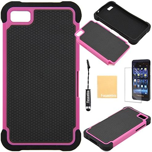 Focusonbox(TM) Hybrid Rugged Rubber Matte Hard Case Cover Skin (Hard Plastic with Soft Silicon) Compatible with Blackberry Z10, with Screen Protector, Stylus and Cleaning Cloth Hot Pink
