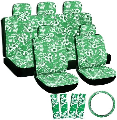 OxGord 17pc Hawaiian Seat Cover Set for the Ford Fusion Sedan in Green Hawaiian Print