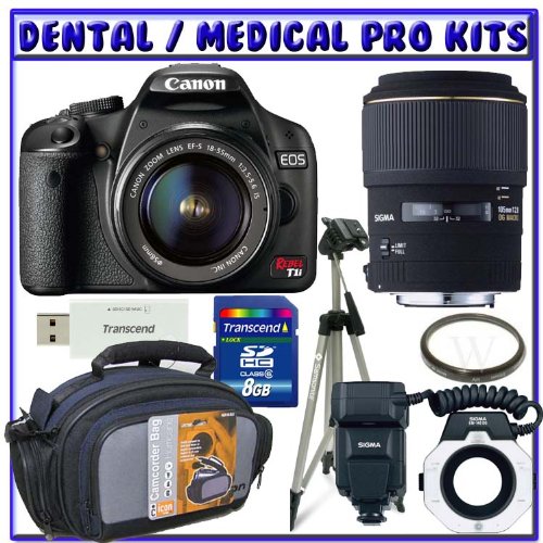 Dental-Medical Digital SLR OutFits: Canon EOS Rebel T1i 15.1 MP CMOS Digital SLR Camera [Body] + Sigma Flash Macro Ring EM-140 DG for Canon SLR Cameras + Sigma 105mm f/2.8 EX DG Medium Telephoto Macro Lens + Willoughby's Dental/Medical Accessory Bundle