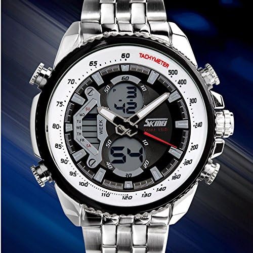 Colorworld Classic steel quartz dual display multifunction waterproof men's Digital Alarm Date Quartz Wristwatch (black&white)