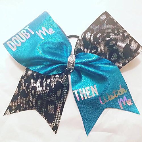 CHEER BOW - Doubt Me Then Watch AQUA TEAL METALLIC / BLACK GREY CHEETAH Me BIG 3 inch wide width