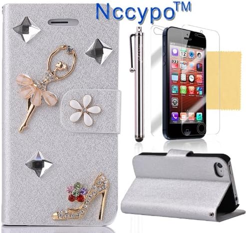 iphone 5S Case, Nccypo Crystle Girl Shiny Diamond Flower Stand Wallet Leather Case with Credit Card Slots,Stylus,Screen Protector and Cleaning Cloth for iPhone 5 5S(Silver)