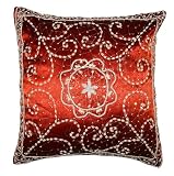 Attractive Design Silk Cushion Pillow Cover Set with Zari, Sequins & Graceful Beads Work Indian Red Color Cushion Cover Throw Pillow Cover Comforter Sets India (Size 16x16) (5 Pcs)