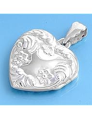 Sterling Silver Etched Polished Heart Locket Pendant Charm Pure 925 New 30mm with 2mm Figaro Chain