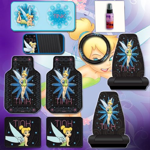 img View detail 10 pcs Tinkerbell Tink Pixie Power Combo Set, Front & Rear Floor Mats, Seat Covers, Steering Wheel Cover, CD Visor & Large Sunshade Plus Bonus 24 Discs Capacity CD Wallet from amazon.com