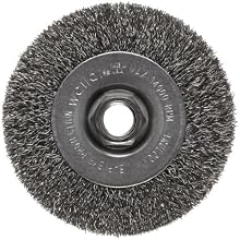Weiler Trulock Narrow Face Wire Wheel Brush, Threaded Hole, Steel, Crimped Wire, 4" Diameter, 0.014" Wire Diameter, 5/8-11" Arbor, 7/8" Bristle Length, 1/2" Brush Face Width, 14000 rpm