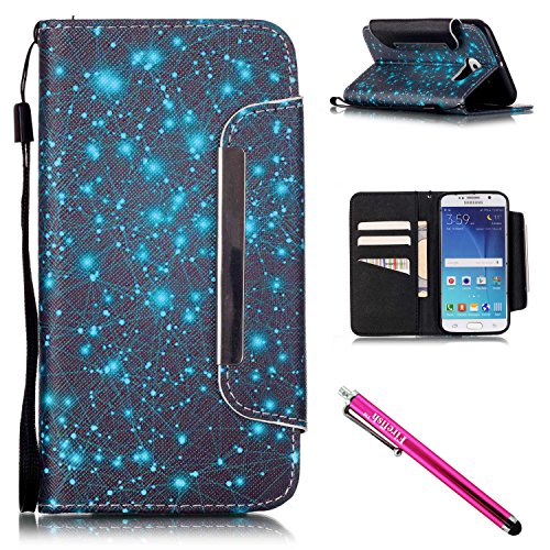 Galaxy S6 Case, Galaxy S6 Wallet Case, Firefish [Kickstand] [Shock Absorbent] Double Protective Case Flip Folio Slim Magnetic Cover with Wrist Strap for Samsung Galaxy S6-Starry