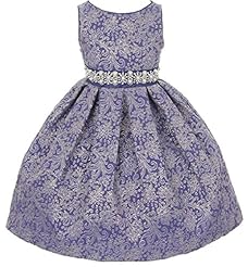 Girls Tea Length Metallic Jacquard Lace-Up  Embroidered   Dress With Rhinestones and Pearls