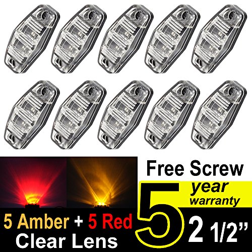 10 pcs TMH 2.5″ 5 pcs Clear Lens Amber Light + 5 pcs Clear Lens Red Light Super Flux Side Led Marker, Trailer marker lights, Led marker lights for trucks, RV Cab Marker light Red, Surface Mount LED