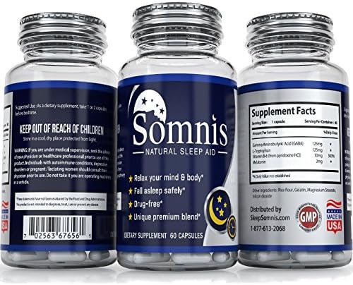 Somnis Natural Sleep Aid - Extra Strength Sleeping Pills Made with Melatonin, Gaba, and L-Tryptophan - Safe, Effective, Non-Habit Forming Sleep Supplement Helps You Get Good Night's Sleep 3 Bottles