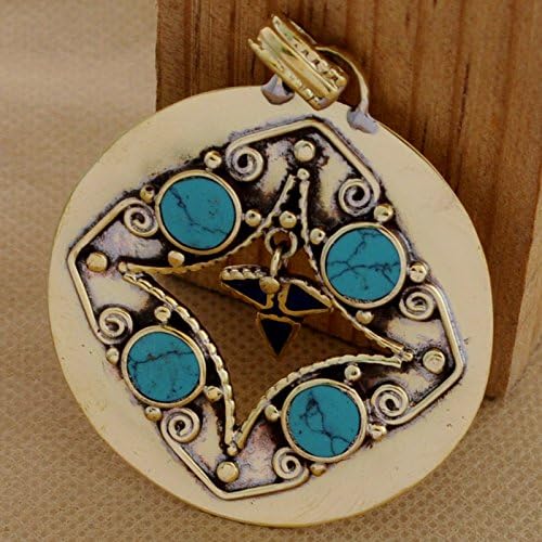 Pendent- Brass Handmade Tibetan Nepalese Style Turquoise Lapis Mosic Pendant from Nepal L133