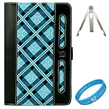 Blue Plaid Melrose Leather Protective Carrying Case with Accessory Slots for Executive Portfolio Leather Carrying Case for Barnes and Noble Nook Color Digital Electronic Reading Device+ Silver Metal Stand + SumacLife TM Wisdom*Courage Wristband