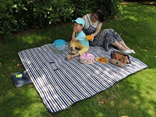Large Tote Picnic Blanket Waterproof - Soft and Comfortable Water Resistant Outdoor Mat - Best for Summer - Navy Stripes water resistant