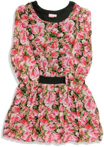Lipstik Girls' - Big Girls' Long Sleeve Rose Dress, Pink, Black 23965-7