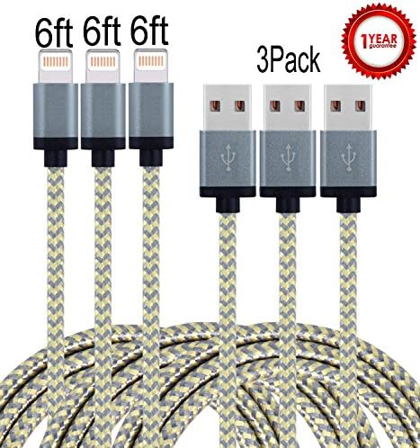 Aplenta 8 Pin Lightning to USB Nylon Braided Charging Cable, 6-Feet, Gold and Gray, 3-Pack