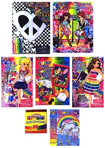Lisa Frank Fun Activities Gift Bundle #5- Includes 7 Fun Items: Coloring Book and Crayons, Velvet Art, 2 Sticker Dolls, Glitter Art and Markie Puzzle