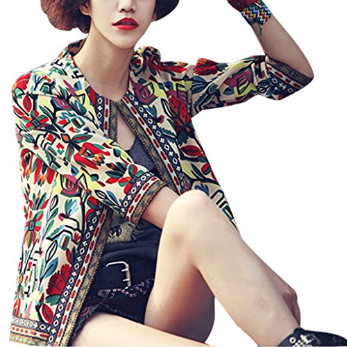 Buenos Ninos Women's 3/4 Sleeve Ethnic Embroidery Cardigan Retro Printed Jacket Coat