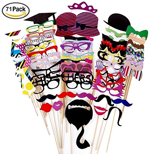 Foonii 71PCS Photo Booth Props Funny Creative Wedding Birthday Christmas Party paper Mustache Glasses Hats on Stick, Colorful