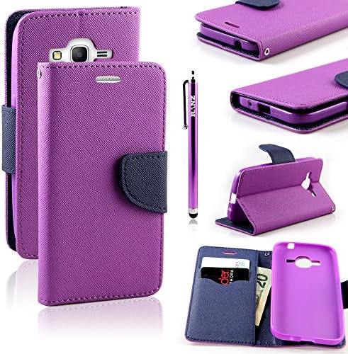 Galaxy Prevail LTE Case Core Prime Case, RANZ® Purple/Navy Blue Stylish Design Deluxe PU Leather Folio Flip Book Wallet Pouch Case Cover For Samsung Galaxy Cord Prime G360 Samsung Galaxy Prevail LTE G360 with Touch Stylus