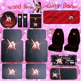 14PC Betty Boop Star Front Rear Floor Mats Seat Covers Steering Wheel Cover License Place Frame CD DVD Sun Visor Sun Shade Litter Bag Shoulder Pads Key Chain