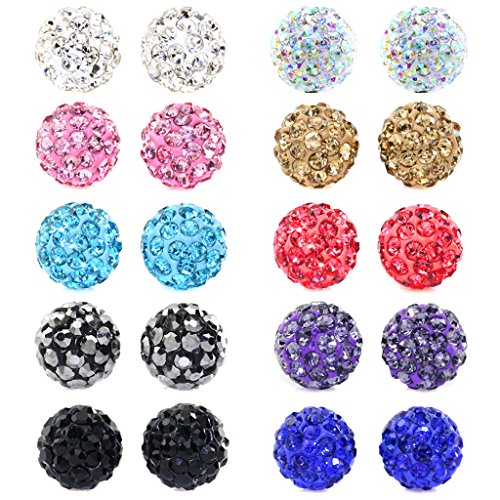 Aprilsky Rhinestones Crystal Fireball Disco Ball Pave Bead Stud Earrings Stainless Steel Hypoallergenic 6mm Mix Color Pack