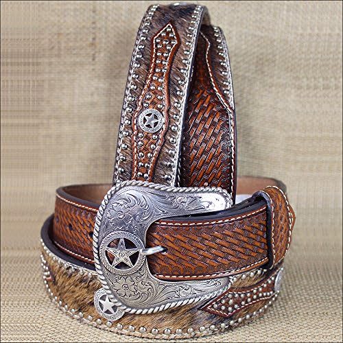 M & F Western Men's Studded Hair-On-Hide Basketweave Overlay Belt Tan 42