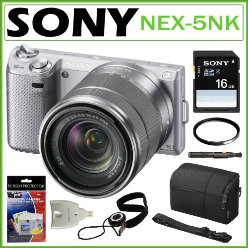 Sony NEX-5NK/S 16.1MP Compact Interchangeable Lens Digital Camera in Silver with 18-55mm Lens + Sony 16GB SDHC + Sony Case + Lens Filter + Accessory Kit