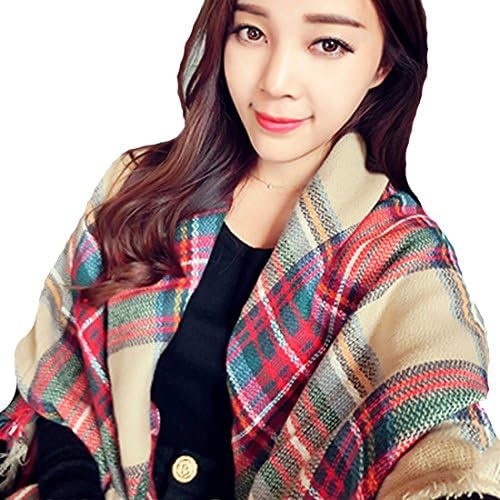 Women's Cashmere Scarf with Square Pattern Plaid Shawl Long Section Scarves (khaki plaid)