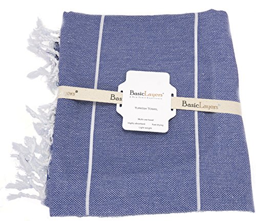 Basic Layers 100% Cotton Pestemal Turkish Bath Towel, 37x70", Navy Blue