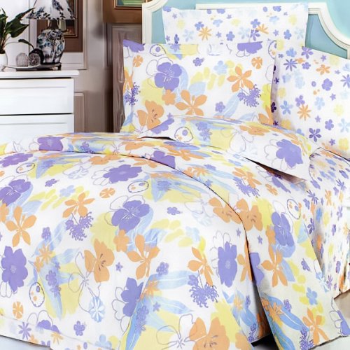 Blancho Bedding - [Purple Orange Flowers] 100% Cotton 4PC Comforter Cover/Duvet Cover Combo (King Size)